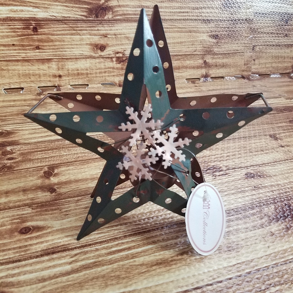 Tii Collections Christmas Rustic Tin Star Candle Holder Snowflake Accent NWT